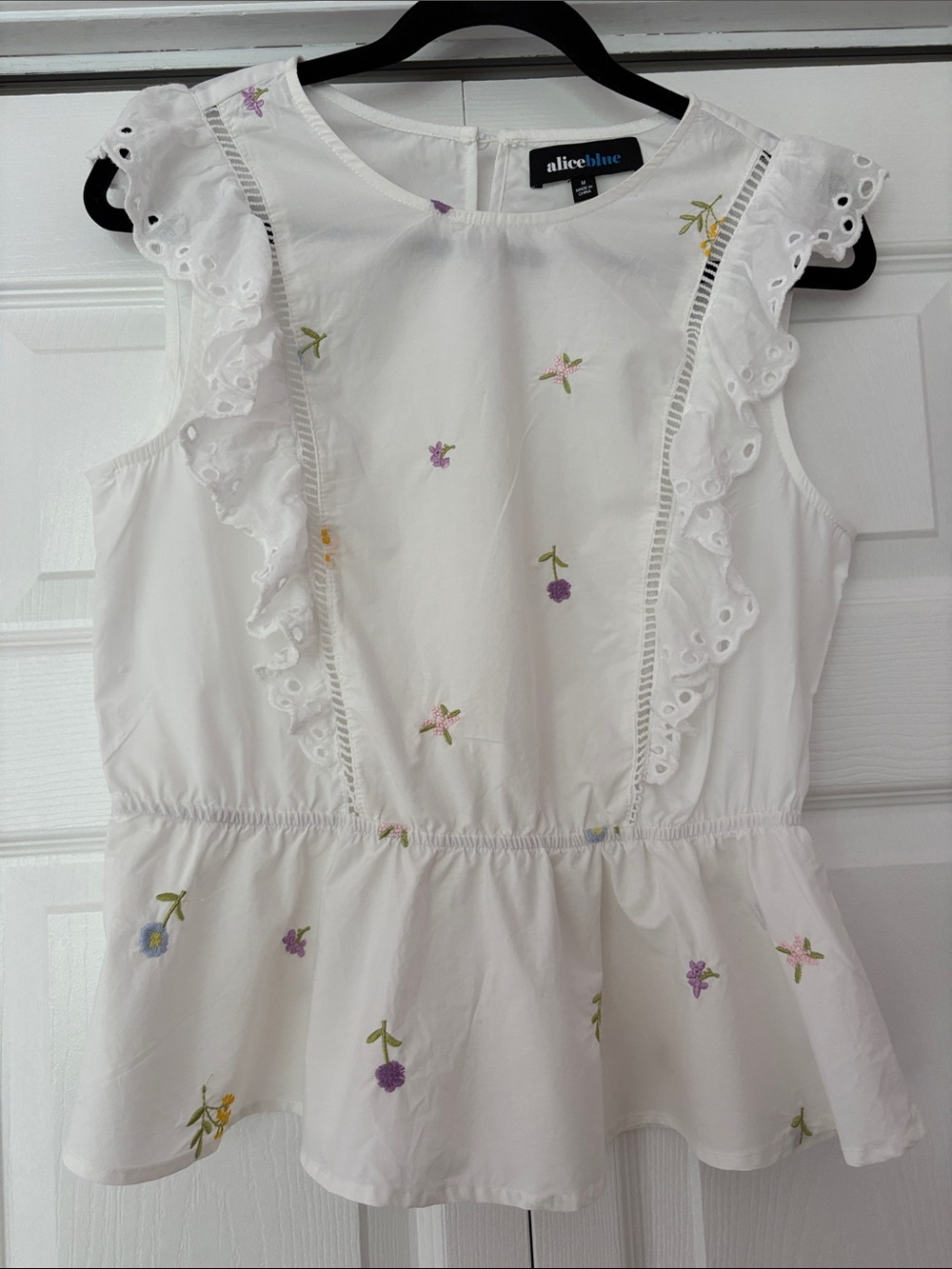 Alice Blue White Eyelet Ruffle Peplum Top with Pastel Floral Embroidery